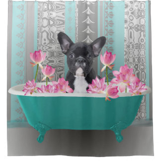 Französische Bulldogge in Badewanne Lotus Blumen Duschvorhang