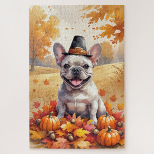 Französische Bulldogge in Herbstblättern Thanksgiv Puzzle