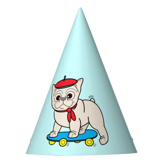 Französische Bulldogge in Skateboard-alles Gute Partyhütchen (Vorderseite)