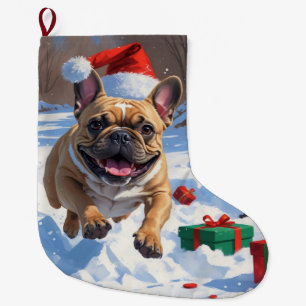 Französische Bulldogge läuft im Schnee mit Weihnac Großer Weihnachtsstrumpf