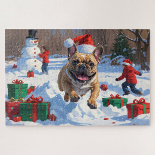 Französische Bulldogge läuft im Schnee mit Weihnac Puzzle
