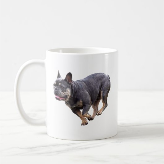 Französische Bulldogge läuft Kaffeetasse (Links)
