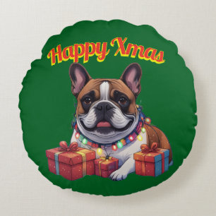 Französische Bulldogge Lichterkette Weihnachten Rundes Kissen