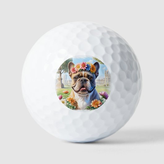 Französische Bulldogge mit Blumenkranz zum Muttert Golfball (Vorderseite)