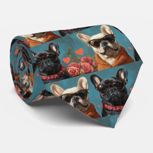 Französische Bulldogge mit Herzrosen Valentinstag Krawatte