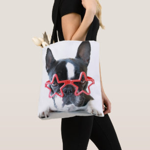 Französische Bulldogge mit roten Stern-Gläsern Tasche