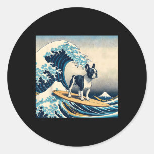 Französische Bulldogge mit Surf surft auf der groß Runder Aufkleber