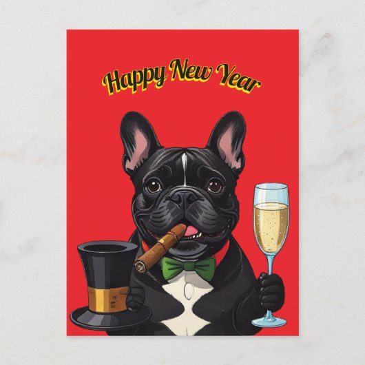 Französische Bulldogge mit Zigarre Neujahr Feiertagspostkarte (Vorderseite)