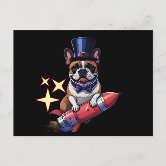 Französische Bulldogge Neujahr lustig Rakete Feiertagspostkarte (Vorderseite)