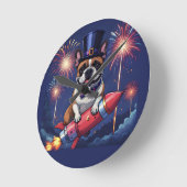 Französische Bulldogge Neujahr lustig Rakete Runde Wanduhr (Winkel)