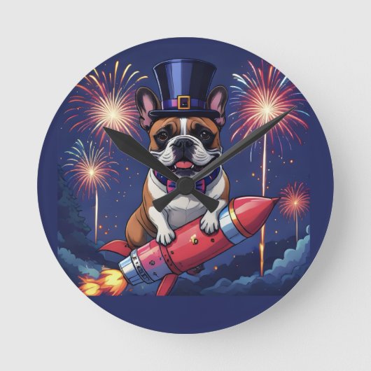 Französische Bulldogge Neujahr lustig  Rakete Runde Wanduhr (Vorderseite)