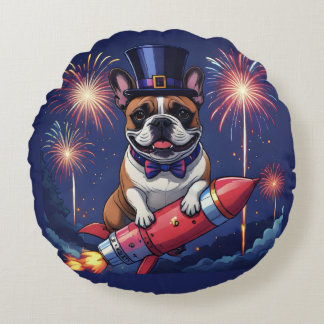 Französische Bulldogge Neujahr lustig Rakete Rundes Kissen