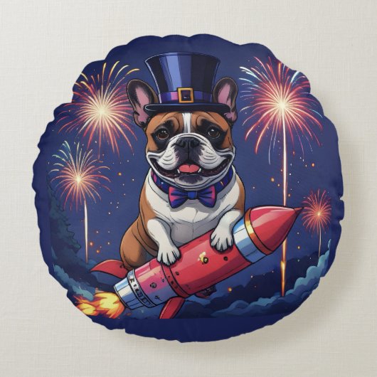 Französische Bulldogge Neujahr lustig Rakete Rundes Kissen (Vorderseite)
