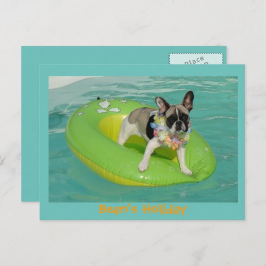 Französische Bulldogge Postkarte "Bean`s Holiday" (Vorne/Hinten)