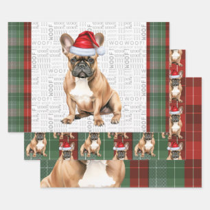Französische Bulldogge Rot Grüne Feiertags-Kariert Geschenkpapier Set