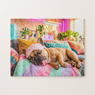 Französische Bulldogge schläft mit Augenmaske Puzzle