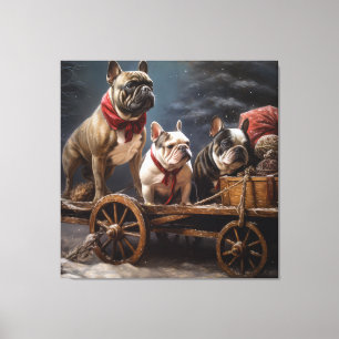 Französische Bulldogge Schneebedeckter Schlitten W Leinwanddruck