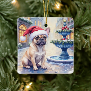 Französische Bulldogge Schneestadt Brunnen Weihnac Keramikornament
