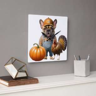 Französische Bulldogge Thanksgiving French Bulldog Quadratische Wanduhr