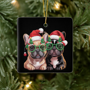 Französische Bulldogge trägt Weihnachtsbaumbrille Keramikornament