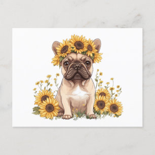 Französische Bulldogge umgeben von Sonnenblumen Feiertagspostkarte