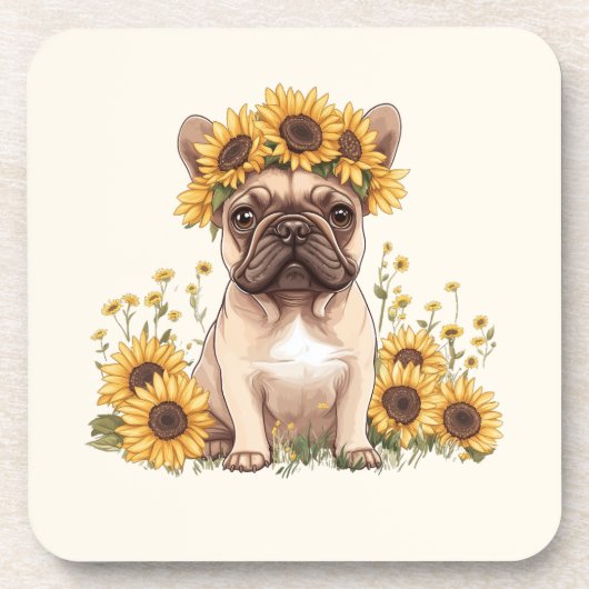 Französische Bulldogge umgeben von Sonnenblumen Getränkeuntersetzer (Vorderseite)