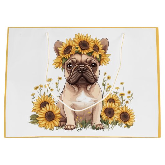 Französische Bulldogge umgeben von Sonnenblumen Große Geschenktüte (Vorderseite)