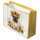 Französische Bulldogge umgeben von Sonnenblumen Große Geschenktüte (Vorderseite Schrägansicht)