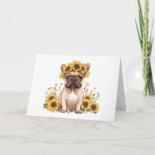 Französische Bulldogge umgeben von Sonnenblumen Karte