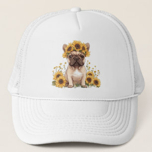 Französische Bulldogge umgeben von Sonnenblumen Truckerkappe