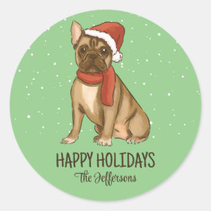 Französische Bulldogge Weihnachten Hund Schnee Win Runder Aufkleber