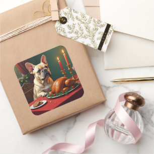 Französische Bulldogge Weihnachtsabend Festmahl Ge Quadratischer Aufkleber