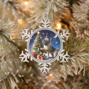 Französische Bulldogge Weihnachtsbaum Bulldog Schneeflocken Zinn-Ornament