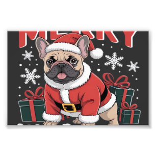 Französische Bulldogge Weihnachtsmann Hut Frohe We Fotodruck