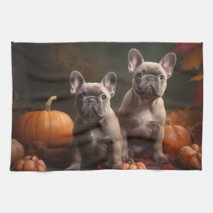 Französische Bulldogge Welpe Herbstfreude Kürbis Geschirrtuch