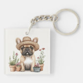 Französische Bulldoggen Gartenmöbel für Blume Schlüsselanhänger (Rückseite)