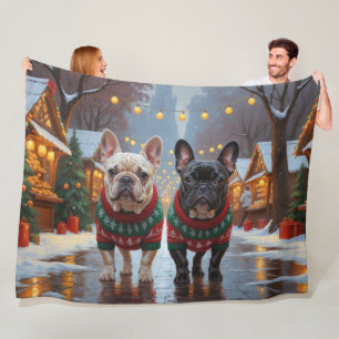 Französische Bulldoggen Weihnachten Schnee Urlaub Fleecedecke