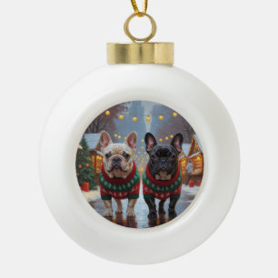 Französische Bulldoggen Weihnachten Schnee Urlaub Keramik Kugel-Ornament