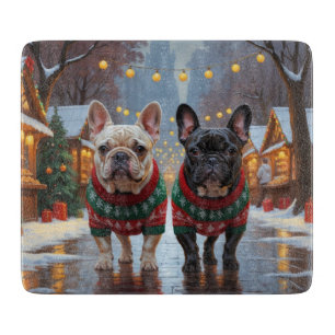 Französische Bulldoggen Weihnachten Schnee Urlaub Schneidebrett