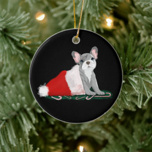 Französische Bulldoggen-Welpe in Santas Hut Keramik Ornament