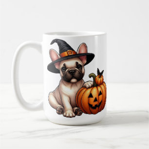 Französische Bulldoggenwelpe in Hexenhut mit Kürbi Kaffeetasse