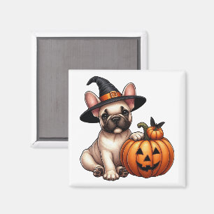 Französische Bulldoggenwelpe in Hexenhut mit Kürbi Magnet