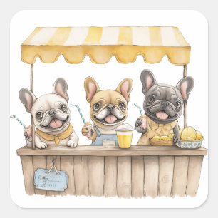 Französische Bulldogs auf einem Limonade-Stand Quadratischer Aufkleber