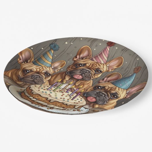 Französische Bulldogs Party Hats Pappteller (Schrägansicht)