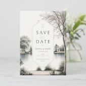 Französische Château-Geheimgarten-Hochzeit Save The Date (Stehend Vorderseite)