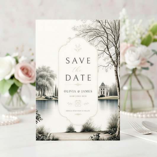 Französische Château-Geheimgarten-Hochzeit Save The Date