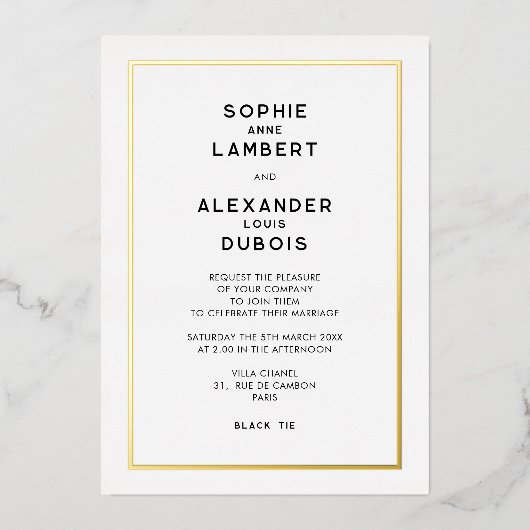 Französische Chic-Minimal-Goldgrenzenhochzeit Folieneinladung (Vorderseite)