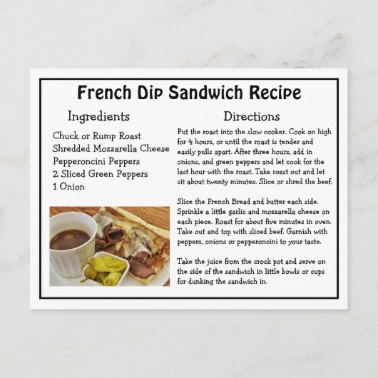 Französische Dip Sandwich-Rezept-Karte Postkarte (Vorderseite)