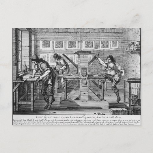 Französische Druckerpresse, 1642 Postkarte (Vorderseite)