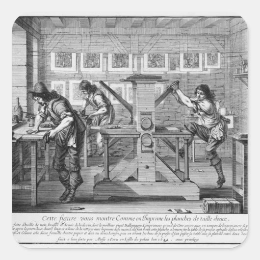 Französische Druckerpresse, 1642 Quadratischer Aufkleber (Vorderseite)